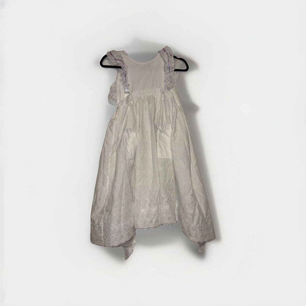 Vintage White Eyelet Apron Dress Prairie Cottagecore Lace Ruffle Tie Back Small